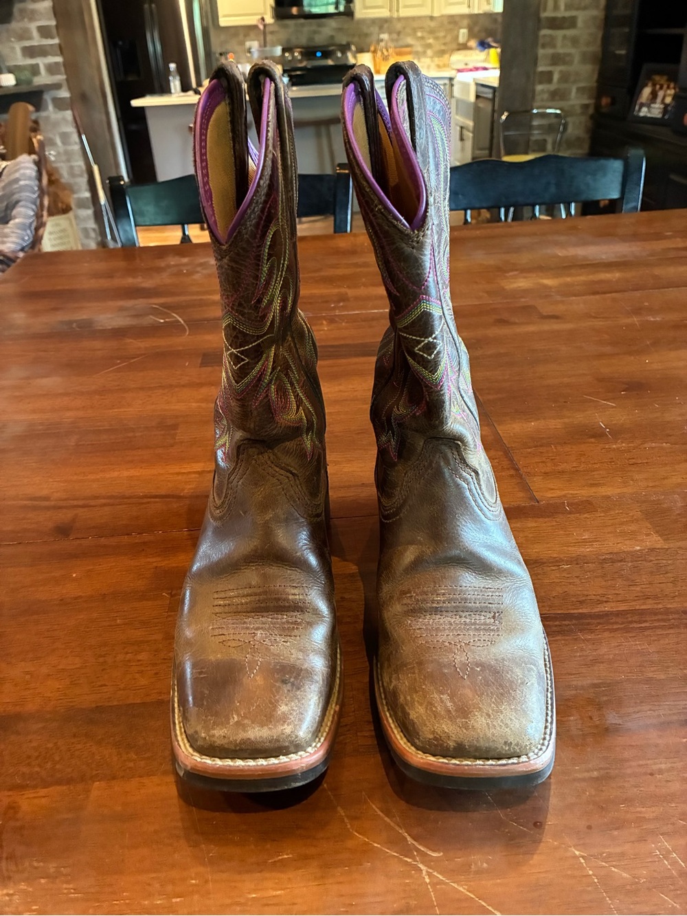 Ariat Women’s Brown Leather Western Boots with Purple and Blue Accents Size 6.5B